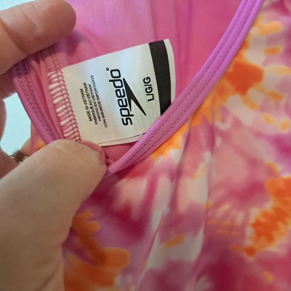 Speedo Girls Pink Orange Tie Dye One Piece Swimsuit Racerback Size Lrg L G 12-14